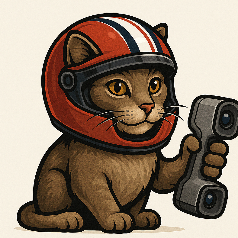 Alikitty's mascot holding a 3d scanner. logo for Alikitty's 3D