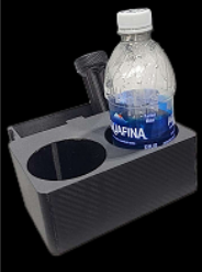 black plastic item with water bottle inside on a black backround

